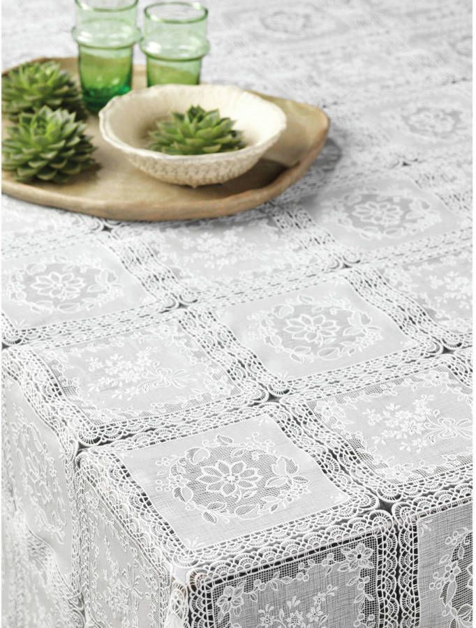 Bellatio Design Tafelzeil tafelkleed vierkante kanten patroon wit 140 x 300 cm Tuintafelkleed