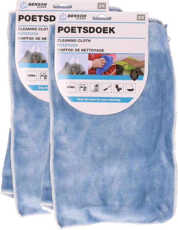 Benson Poetsdoeken set 4x extra zacht microvezel 2 formaten blauw schoonmaken Vaatdoekjes