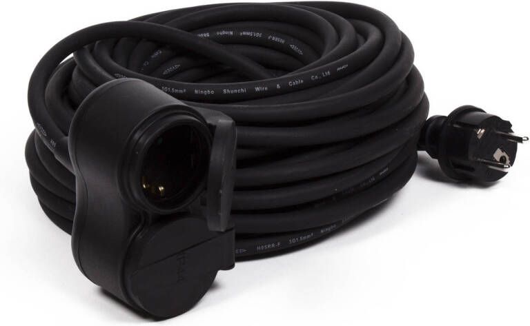Benson Verlengsnoer kabel met 2 stopcontacten en klepjes zwart 10m randaarde binnen buiten Verlengsnoeren