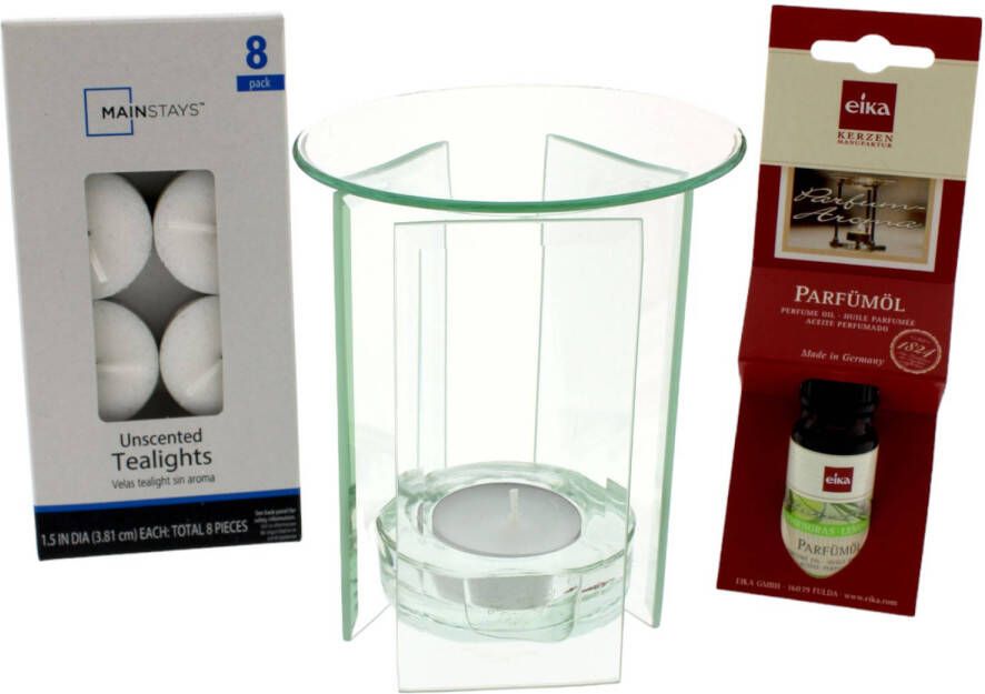 Benza Aroma Brander Glas Olie - Waxmelts incl. Lemongrass Geurolie 10ml & 8 Waxinelichtjes