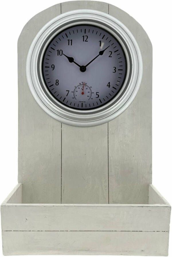 Merkloos Sans marque Buitenklok Houten Plantenbak met klok en Thermometer Buiten Gebruik Wit 50 x 30 x 15 cm