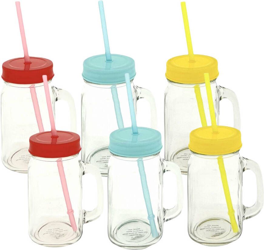 Benza Drinkglas Met Rietje En Deksel Pul Mason Jar- 400 ml 6 Stuks