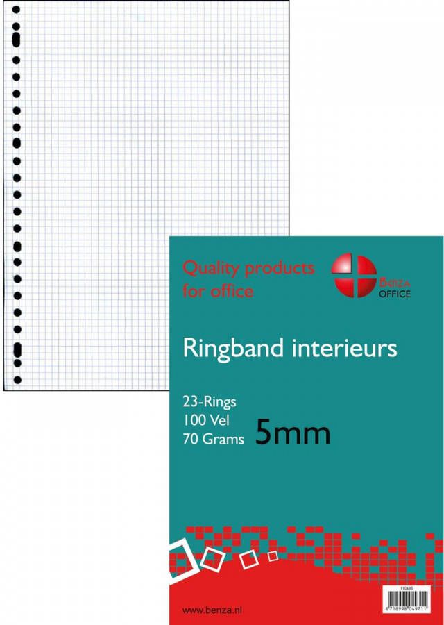 Benza Ringband interieur A4 Wiskundepapier Ruit 5 mm 23 ringen 100 vel