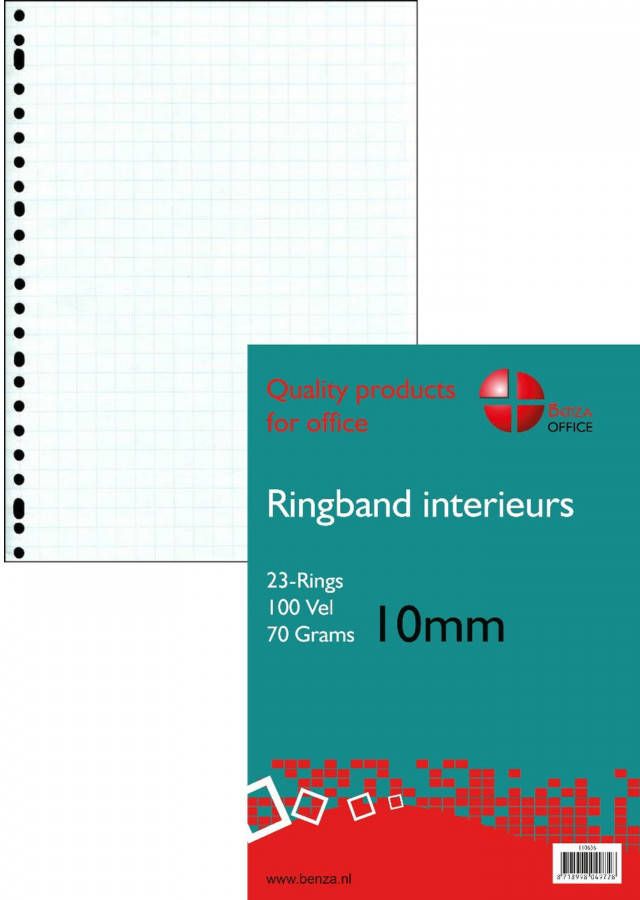 Benza Ringbandpapier A4 Wiskundepapier Ruit 10 mm 23 ringen 100 vel 10 stuks