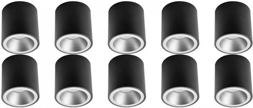 BES LED Opbouwspot 10 Pack Pragmi Cliron Pro GU10 Fitting Opbouw Rond Mat Zwart Zilver Aluminium Verdiept Ø90mm