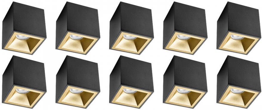 BES LED Opbouwspot 10 Pack Pragmi Cliron Pro GU10 Fitting Opbouw Vierkant Mat Zwart Goud Aluminium Verdiept Ø90mm