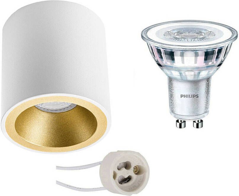 BES LED Opbouwspot Set Pragmi Cliron Pro GU10 Fitting Opbouw Rond Mat Wit Goud Verdiept Ø90mm Philips CorePro