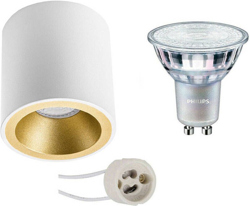 BES LED Opbouwspot Set Pragmi Cliron Pro GU10 Fitting Opbouw Rond Mat Wit Goud Verdiept Ø90mm Philips MASTER 927