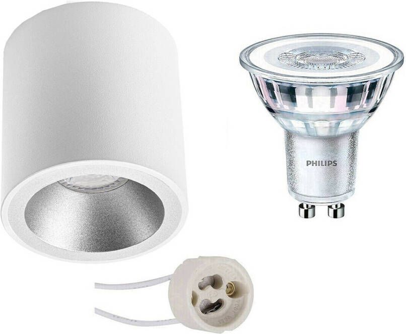 BES LED Opbouwspot Set Pragmi Cliron Pro GU10 Fitting Opbouw Rond Mat Wit Zilver Verdiept Ø90mm Philips CorePro