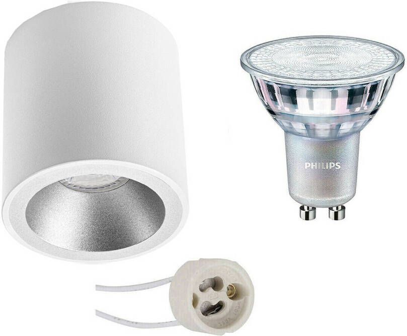 BES LED Opbouwspot Set Pragmi Cliron Pro GU10 Fitting Opbouw Rond Mat Wit Zilver Verdiept Ø90mm Philips MASTER