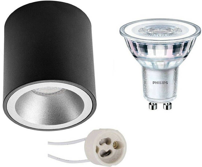 BES LED Opbouwspot Set Pragmi Cliron Pro GU10 Fitting Opbouw Rond Mat Zwart Zilver Verdiept Ø90mm Philips