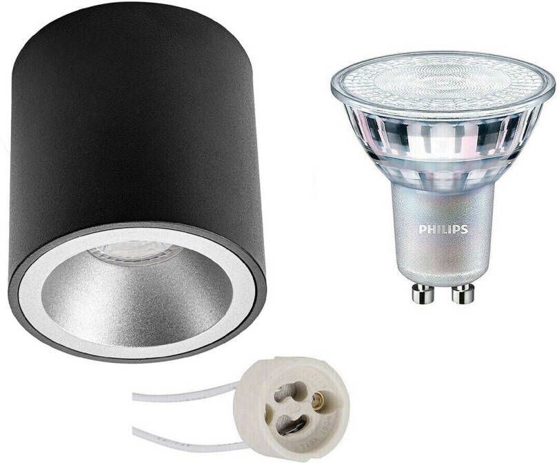 BES LED Opbouwspot Set Pragmi Cliron Pro GU10 Fitting Opbouw Rond Mat Zwart Zilver Verdiept Ø90mm Philips MASTER