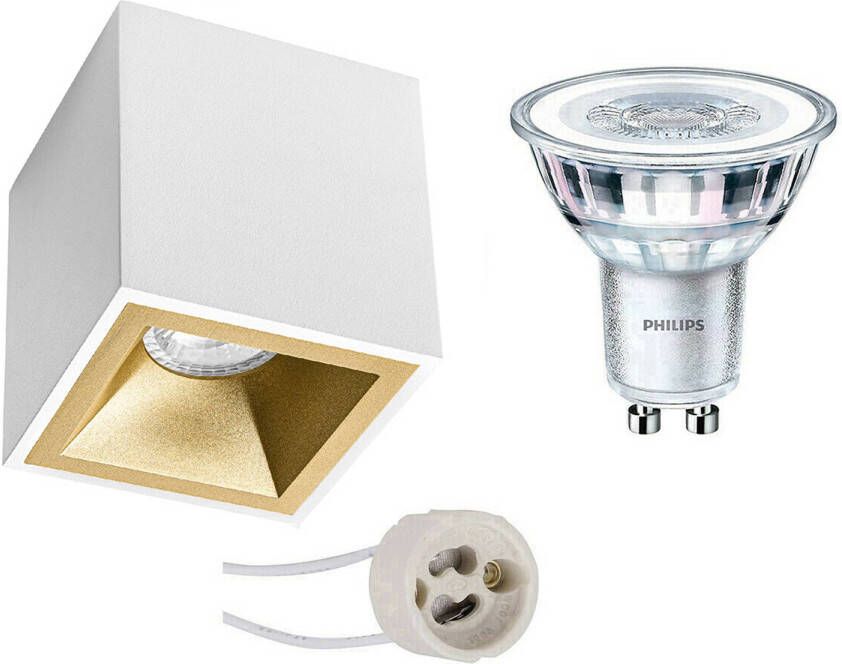 BES LED Opbouwspot Set Pragmi Cliron Pro GU10 Fitting Opbouw Vierkant Mat Wit Goud Verdiept 90mm Philips CorePro