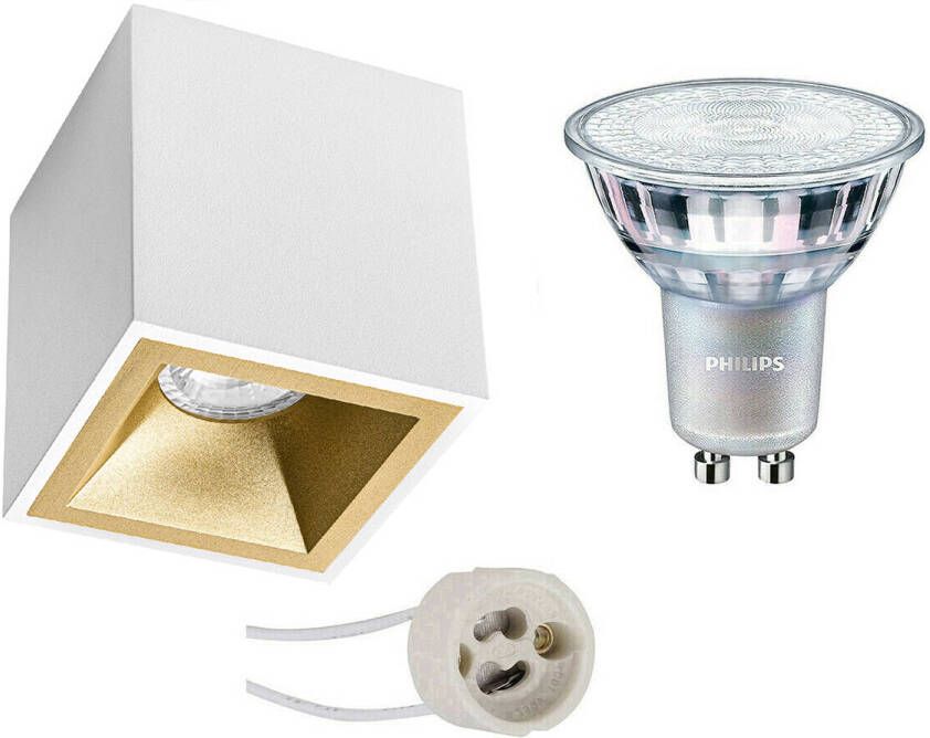 BES LED Opbouwspot Set Pragmi Cliron Pro GU10 Fitting Opbouw Vierkant Mat Wit Goud Verdiept 90mm Philips MASTER