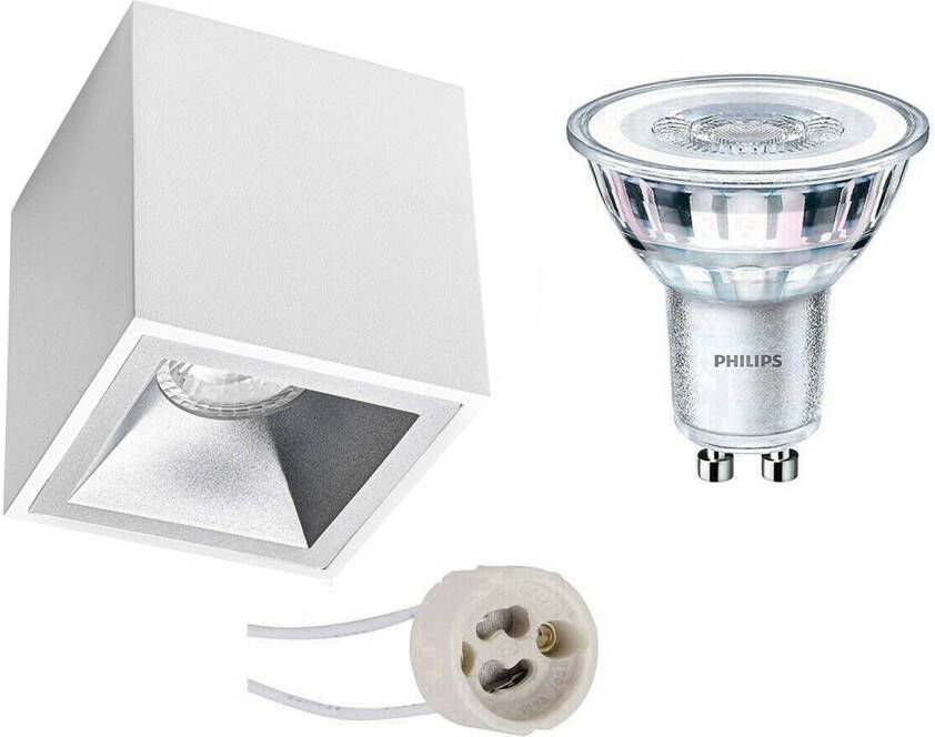 BES LED Opbouwspot Set Pragmi Cliron Pro GU10 Fitting Opbouw Vierkant Mat Wit Zilver Verdiept 90mm Philips