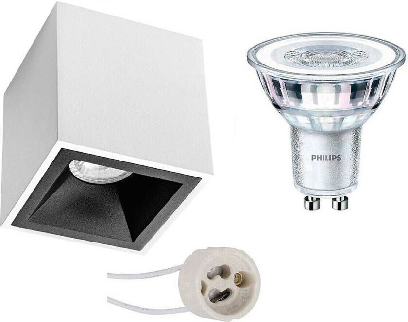 BES LED Opbouwspot Set Pragmi Cliron Pro GU10 Fitting Opbouw Vierkant Mat Wit Zwart Verdiept 90mm Philips