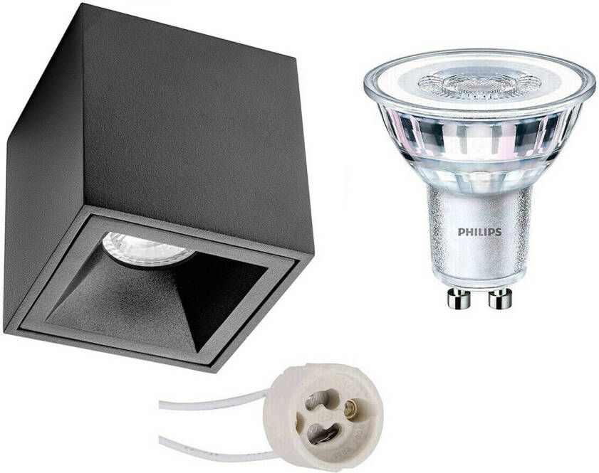 BES LED Opbouwspot Set Pragmi Cliron Pro GU10 Fitting Opbouw Vierkant Mat Zwart Verdiept 90mm Philips CorePro