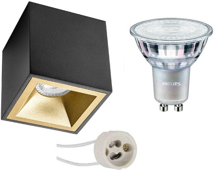 BES LED Opbouwspot Set Pragmi Cliron Pro GU10 Fitting Opbouw Vierkant Mat Zwart Goud Verdiept 90mm Philips