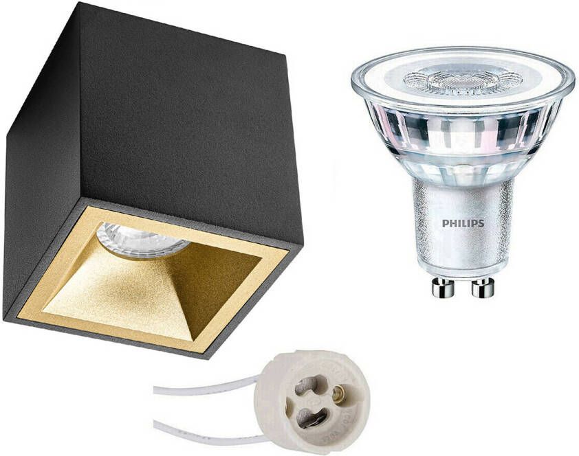 BES LED Opbouwspot Set Pragmi Cliron Pro GU10 Fitting Opbouw Vierkant Mat Zwart Goud Verdiept 90mm Philips