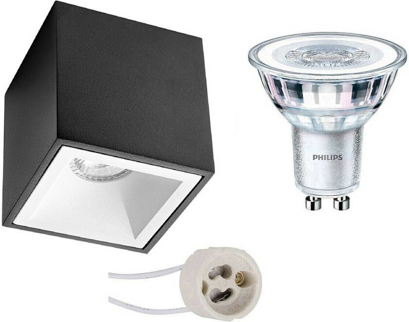 BES LED Opbouwspot Set Pragmi Cliron Pro GU10 Fitting Opbouw Vierkant Mat Zwart Wit Verdiept 90mm Philips