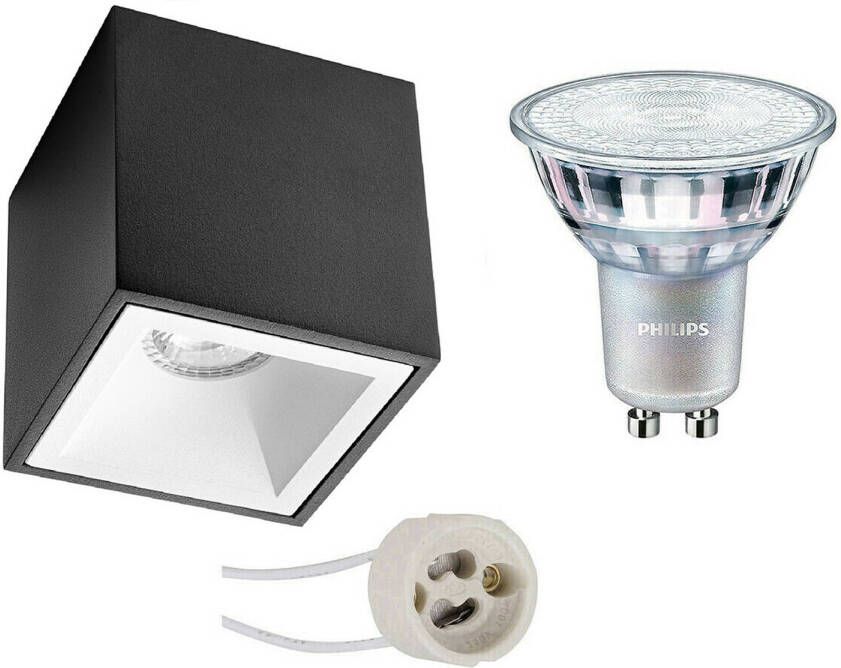 BES LED Opbouwspot Set Pragmi Cliron Pro GU10 Fitting Opbouw Vierkant Mat Zwart Wit Verdiept 90mm Philips MASTER