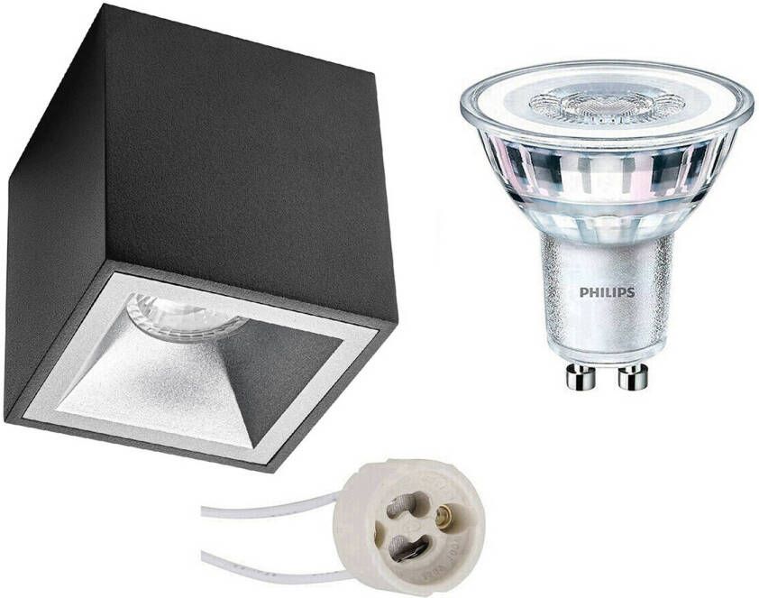 BES LED Opbouwspot Set Pragmi Cliron Pro GU10 Fitting Opbouw Vierkant Mat Zwart Zilver Verdiept 90mm Philips