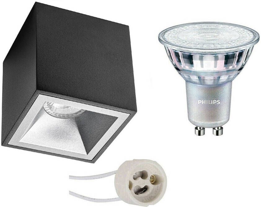 BES LED Opbouwspot Set Pragmi Cliron Pro GU10 Fitting Opbouw Vierkant Mat Zwart Zilver Verdiept 90mm Philips