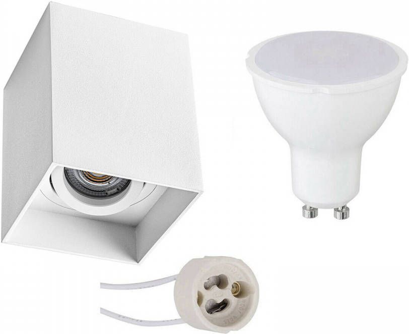 BES LED Opbouwspot Set Pragmi Luxina Pro GU10 Fitting Opbouw Vierkant Mat Wit 6W Natuurlijk Wit 4200K Verdiept Kantelbaar 90mm