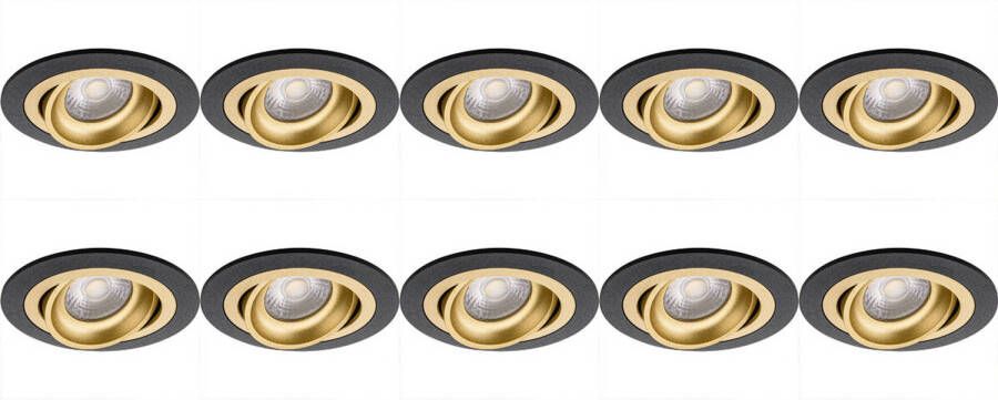 BES LED Spot Armatuur 10 Pack Pragmi Alpin Pro GU10 Inbouwspot Rond Zwart Goud Aluminium Kantelbaar Ø92mm