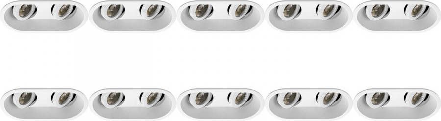 BES LED Spot Armatuur 10 Pack Pragmi Zano Pro GU10 Fitting Inbouw Ovaal Dubbel Mat Wit Aluminium Kantelbaar 185x93mm