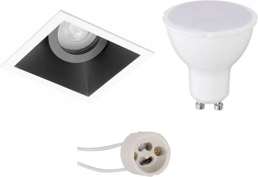 BES LED Spot Set Pragmi Zano Pro GU10 Fitting Inbouw Vierkant Mat Zwart Wit 6W Helder Koud Wit 6400K Kantelbaar 93mm