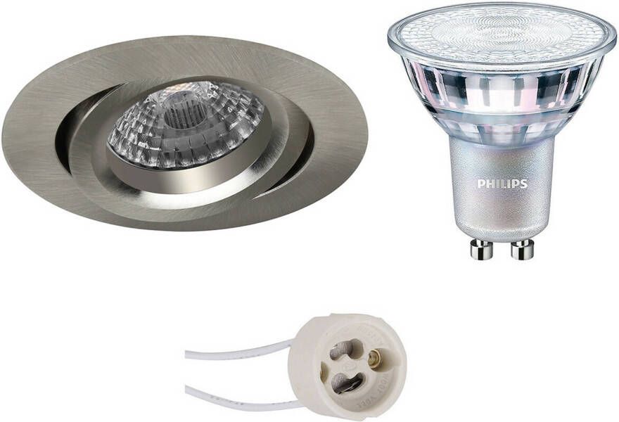 BES LED Spot Set Pragmi Aerony Pro GU10 Fitting Inbouw Rond Mat Nikkel Kantelbaar Ø82mm Philips MASTER 927