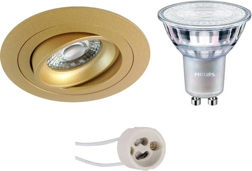 BES LED Spot Set Pragmi Alpin Pro GU10 Fitting Inbouw Rond Mat Goud Kantelbaar Ø92mm Philips MASTER 927 36D