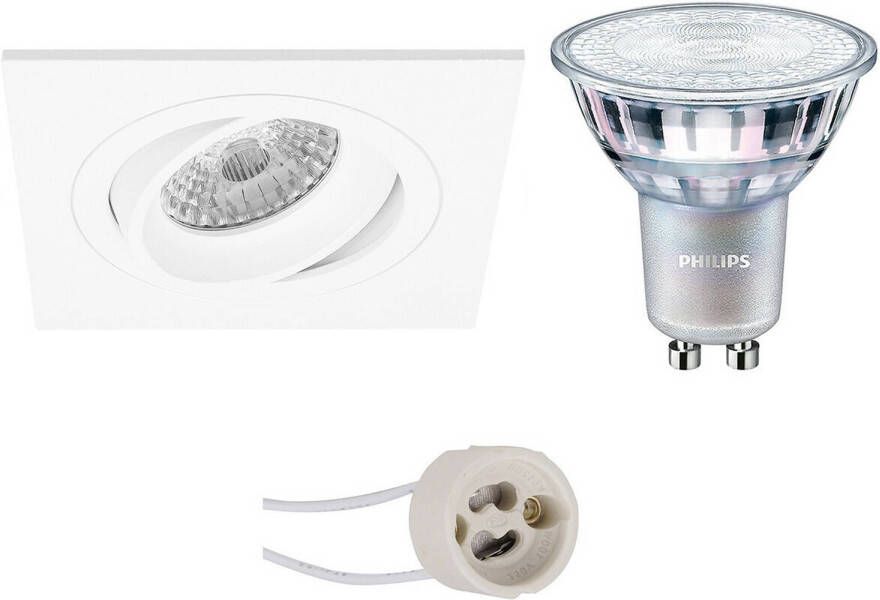 BES LED Spot Set Pragmi Borny Pro GU10 Fitting Inbouw Vierkant Mat Wit Kantelbaar 92mm Philips MASTER 927