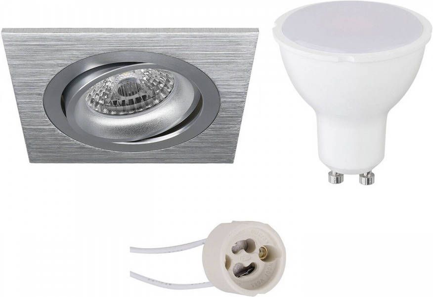 LED Spot Set Pragmi Borny Pro GU10 Fitting Inbouw Vierkant Mat Zilver 6W Natuurlijk Wit 4200K Kantelbaar 92mm