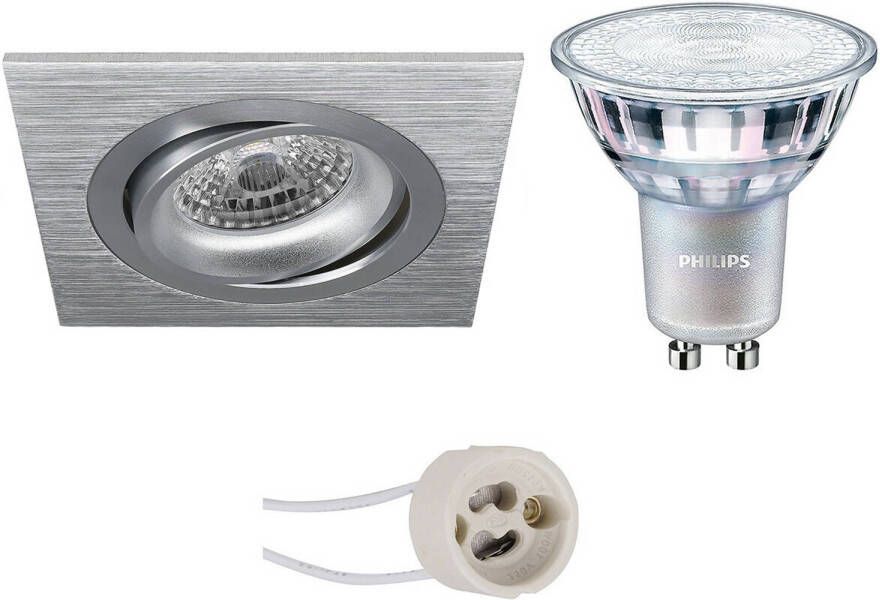 BES LED Spot Set Pragmi Borny Pro GU10 Fitting Inbouw Vierkant Mat Zilver Kantelbaar 92mm Philips MASTER 927