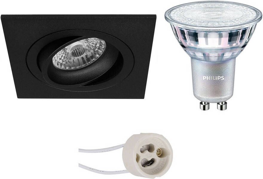 BES LED Spot Set Pragmi Borny Pro GU10 Fitting Inbouw Vierkant Mat Zwart Kantelbaar 92mm Philips MASTER 927