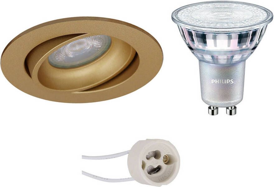 BES LED Spot Set Pragmi Delton Pro GU10 Fitting Inbouw Rond Mat Goud Kantelbaar Ø82mm Philips MASTER 927 36D