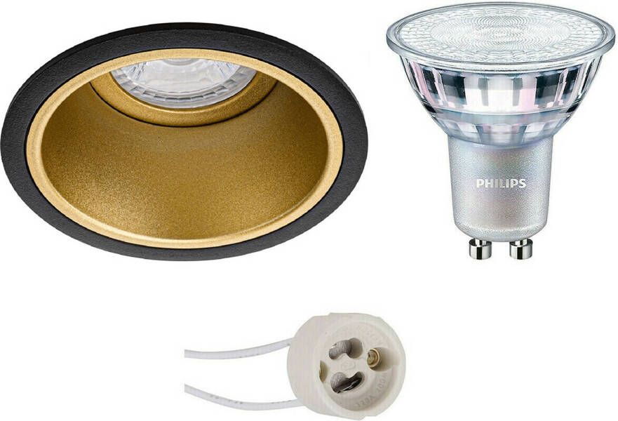 BES LED Spot Set Pragmi Minko Pro GU10 Fitting Inbouw Rond Mat Zwart Goud Verdiept Ø90mm Philips MASTER 927