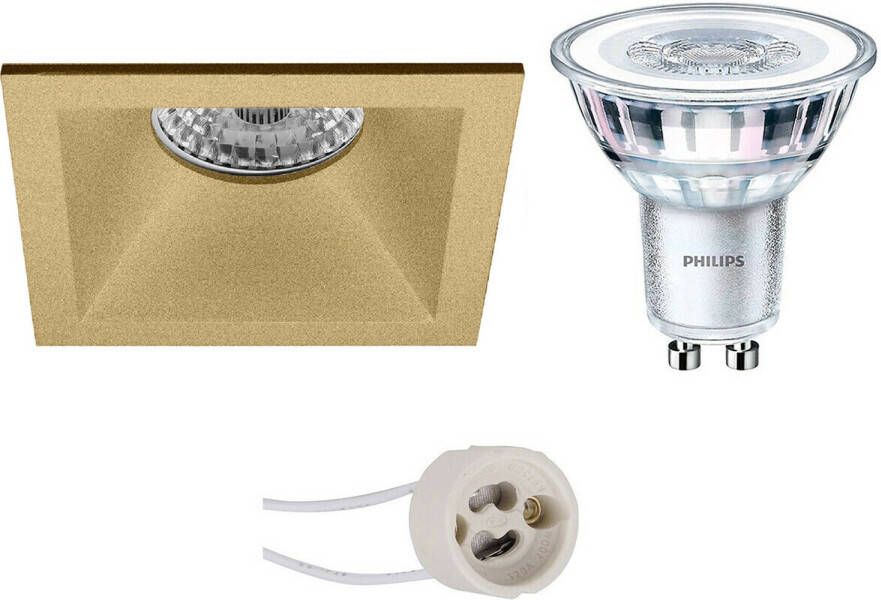 BES LED Spot Set Pragmi Pollon Pro GU10 Fitting Inbouw Vierkant Mat Goud Verdiept 82mm Philips CorePro 827