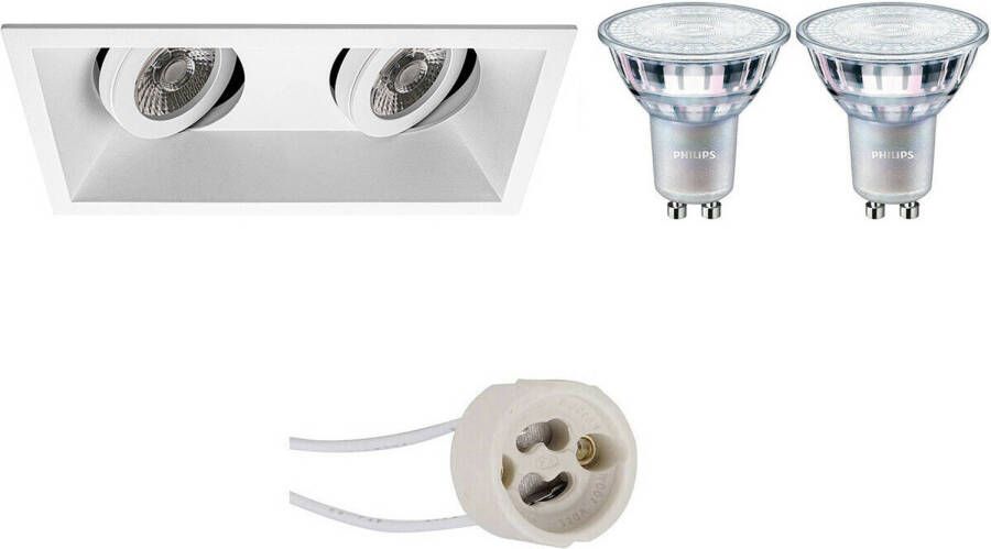 BES LED Spot Set Pragmi Zano Pro GU10 Fitting Inbouw Rechthoek Dubbel Mat Wit Kantelbaar 185x93mm Philips