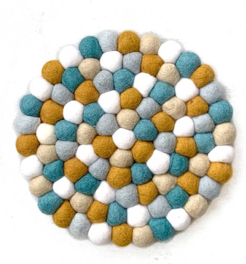 BeYoona Vilten bolletjes onderzetter 22cm Multicolor wit lichtblauw turquoise geel