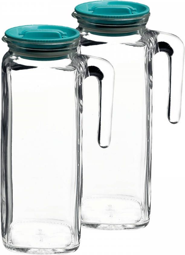 Bormioli Rocco 2x stuks glazen schenkkannen waterkannen met deksel 1 liter Waterkannen
