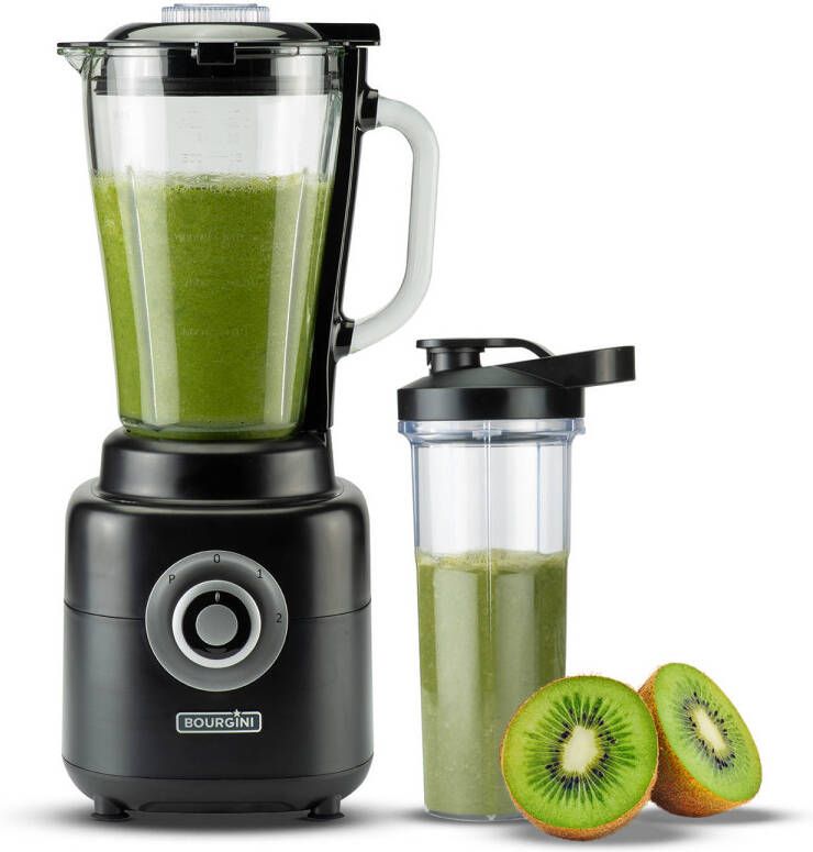 Bourgini Power Blender 1 75L Blender to go met beker Smoothie blender en ijscrusher- 1000 Watt Zwart