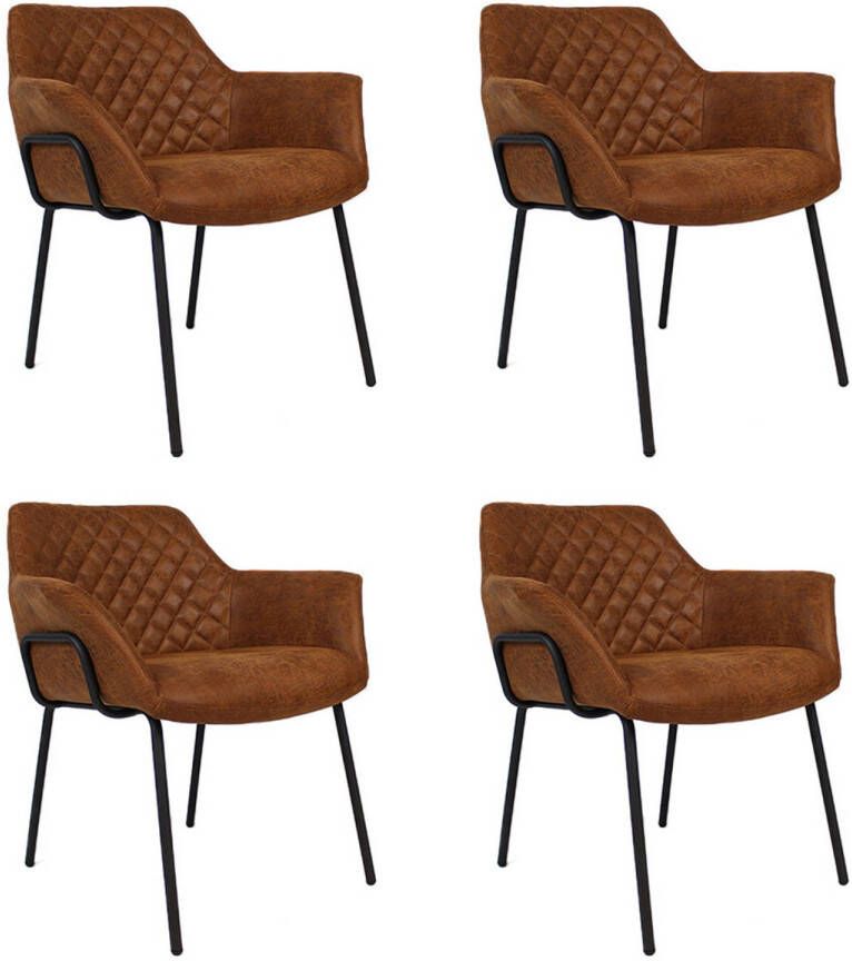 Bronx71 ® Industriële eetkamerstoel Club cognac eco leer Eetkamerstoelen set van 4