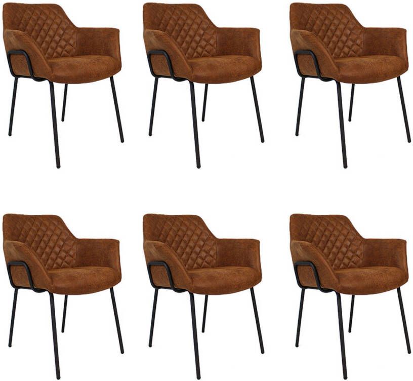 Bronx71 ® Industriële eetkamerstoel Club cognac eco leer Eetkamerstoelen set van 6