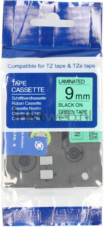 Brother Huismerk TZE-721 zwart op groen breedte 9 mm labels