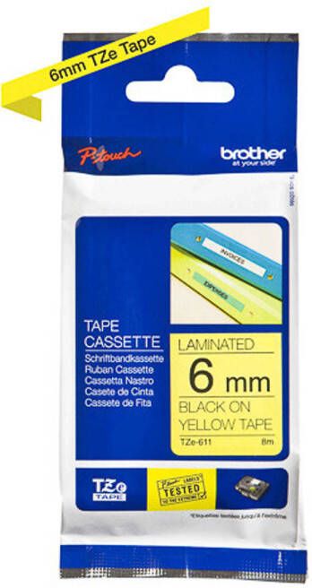 Brother Printlintcassette TZE-611 geel zwart 6 mm