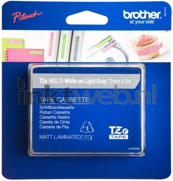 Brother TZE-MQL35 wit op licht grijs breedte 12 mm labels