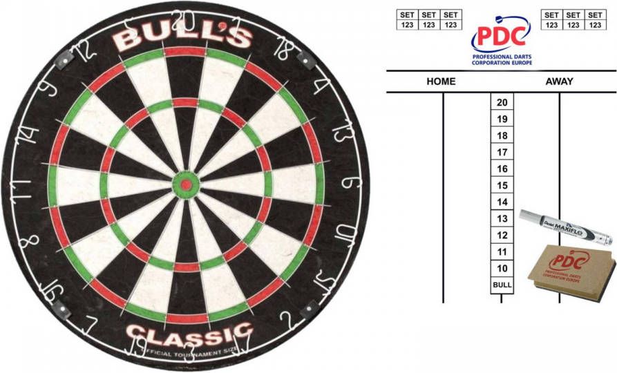 Bull&apos;s Dartbord Bulls The Classic 45 cm met scorebord met marker en wisser 45x30 cm Dartborden